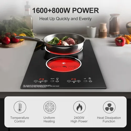 Miniatura 9 de Placa de cocina eléctrica, quemador eléctrico de 2 quemadores integrados y encimera para cocinar, estufa de 2400 W 110 V, 11 ajustes de potencia