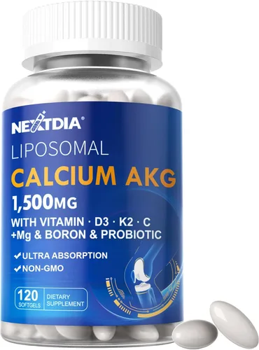 Suplemento AKG de calcio liposomal de 1500 mg con cápsulas blandas de vitamina D3 y K2 para mujeres y hombres│ Alta absorción│Suplementos de calcio