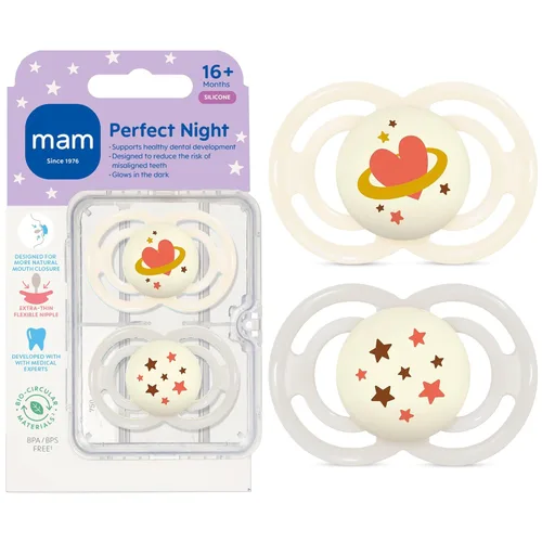 MAM Perfect Night - Chupete para bebé, pezón patentado, brilla en la oscuridad, paquete de 2, para más de 16 meses, unisex Concha / algodón