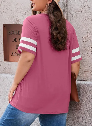 Miniatura 75 de Eytino Blusas de talla grande para mujer, cuello en V, manga corta, a rayas, casual, holgada, con bolsillo (1X-5X)