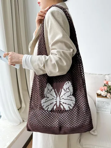 Miniatura 8 de ENBEI Bolsas bohemias, bolsa de punto de hombro, bolsa de mano Y2K estética, bolso de ganchillo lindo para mujeres, regalos hippie Café con una