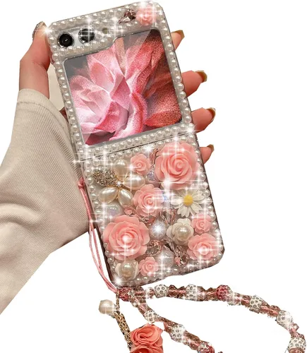 Changjia Funda para Samsung Galaxy Z Flip 5 con brillantina, bonita funda de lujo con diamantes de imitación 3D con diamantes de imitación y flores