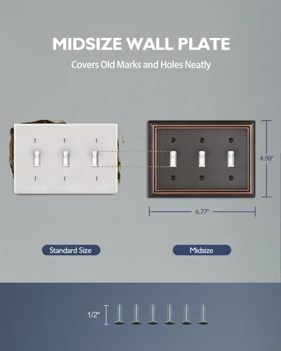 Miniatura 5 de Placa de Pared de Triple Toggle, Cubierta Decorativa de Interruptor de Luz de Bronce Envejecido, Cubierta de Placa de Interruptor de Metal, 3-Gang