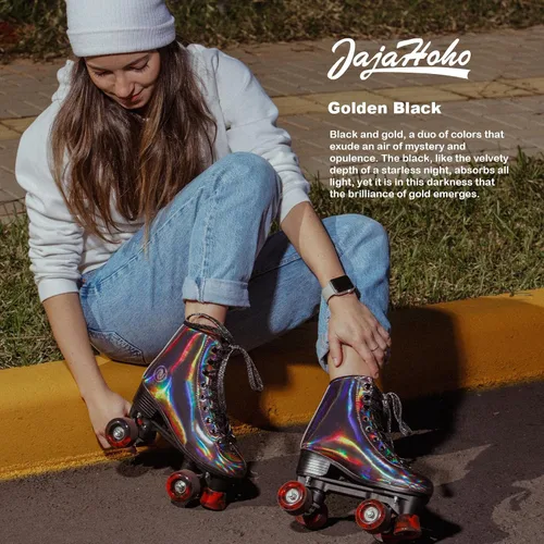 Miniatura 2 de JajaHoho Patines de ruedas para mujer, de cuero PU holográfico negro de alta calidad, patines de doble fila brillantes con cuatro ruedas para niñas