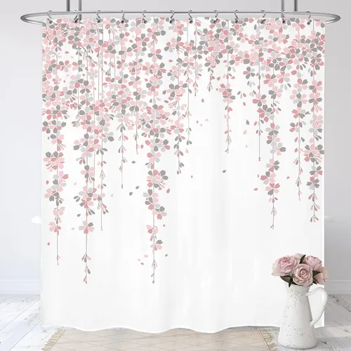 Cortina de ducha floral gris y rosa de 72x72 pulgadas, flores de cerezo en rosa polvoriento y flores llorosas en primavera, tela impermeable de
