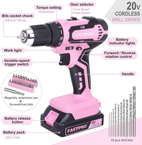 Miniatura 8 de FASTPRO Juego de herramientas para el hogar y taladro de iones de litio inalámbrico de 177 piezas de 20 V rosa con taladro en estuche