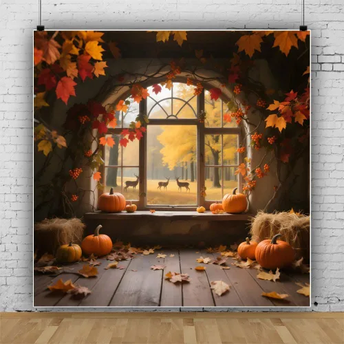 Miniatura 7 de Fondo de fotos de ventana de otoño de 7 x 5 pies, paisaje de bosque de otoño, hojas de arce, cosecha de calabaza, fondo de fotografía, tema