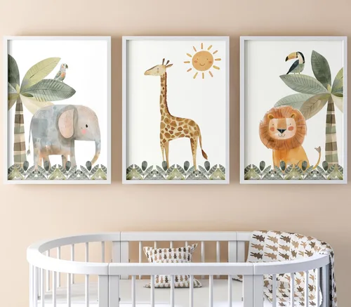 Miniatura 5 de Eviepops Prints Lindos animales de safari juego de 3 impresiones sin marco para bebé niña o niño, cuarto de bebé, habitación de niños, decoración