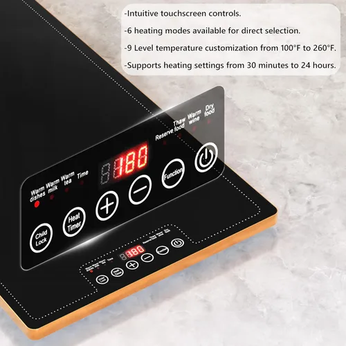 Miniatura 5 de Bandeja de calentamiento de alimentos para bufé de fiestas, 40"x14" extra grande larga con superficie de vidrio, tapete calentador eléctrico con 9