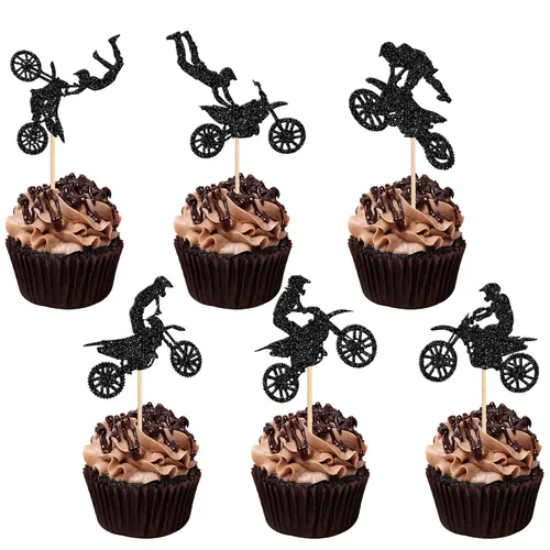 Miniatura 9 de 24 piezas de adornos para magdalenas de motocicleta, con purpurina negra, motocross, fiesta de motocross, para deportes, tema de motocross