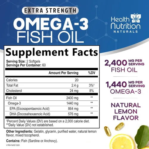 Miniatura 2 de Suplementos de aceite de pescado Omega 3 – 2400 mg de aceite de pescado por porción – Omega-3 de triple fuerza con ácidos grasos EPA y DHA – Apoyo