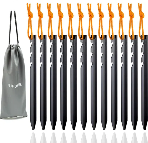 Juego de 12 estacas de aleación de aluminio con cuerdas reflectantes, estacas de metal ligeras para acampar tiendas de campaña, hamacas Negro
