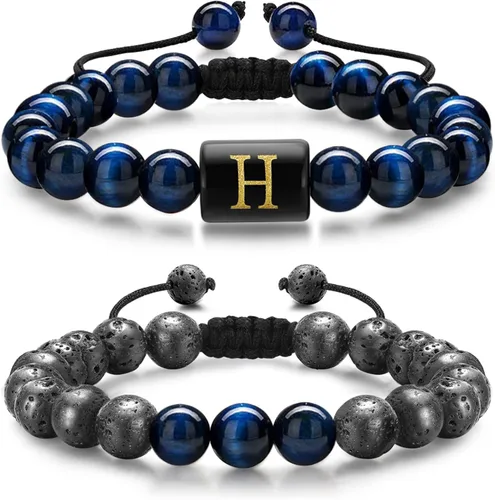 Pulseras de cuentas con iniciales para hombres, regalos de 0.315 in, ojo de tigre, piedra de lava y roca para hombre, pulsera de cuentas de yoga