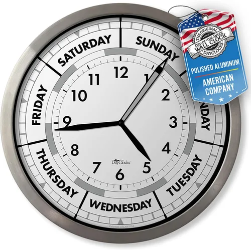 Reloj de pared de hora y día de la semana con marco de aluminio moderno de 12 pulgadas, regalo de jubilación ideal para hombres y mujeres, reloj de