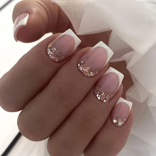 Miniatura 11 de Uñas postizas a presión de longitud corta, 24 piezas de cobertura completa, reutilizables, brillantes, uñas postizas con pegamento, uñas postizas