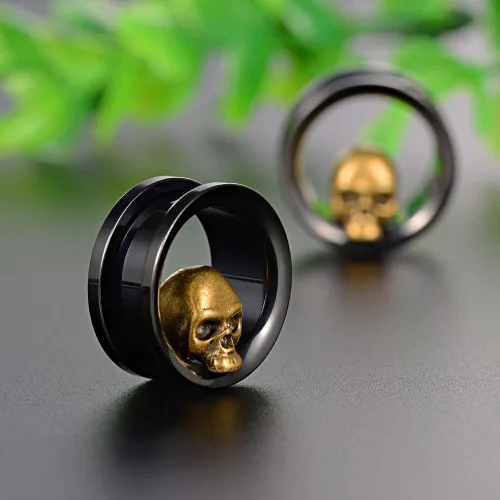 Miniatura 2 de COOEAR 1 par de calibradores de oído túneles de oreja negros tapones de calavera de acero inoxidable