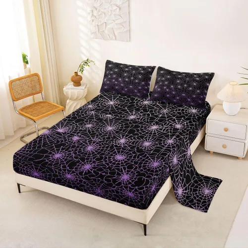 Miniatura 18 de Erosebridal Sábanas de Telaraña Juego de Sábanas Feliz Halloween Juego de Ropa de Cama de Líneas Rayas Geométricas Tamaño King Sábana Plana Amarillo