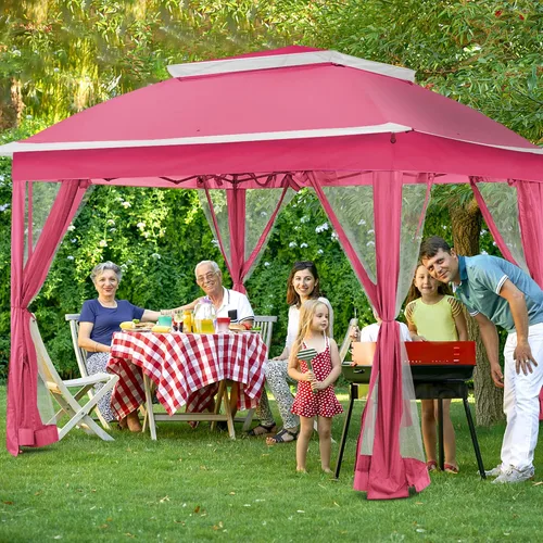 Miniatura 15 de Joyside Cenador desplegable de 11 x 11 pies para patio con paredes laterales y mosquitera, tienda de campaña para exteriores para bodas (beige)