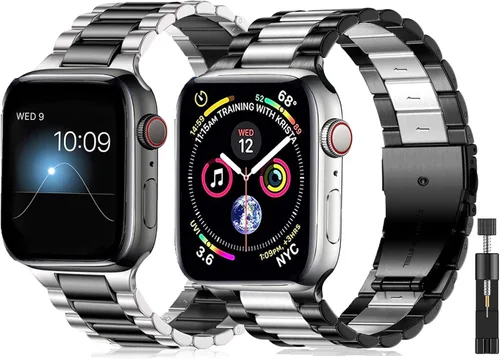 Miniatura 16 de Paquete de 2 correas de metal compatibles con Apple Watch Band 38/40/41/42/44/45/46/1.929 in, acero inoxidable y malla milanesa para iWatch Band