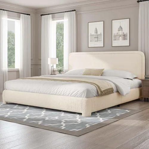 Miniatura 18 de BarnFurin Cloud Boucle - Base de cama de tamaño matrimonial, plataforma tapizada con cabecero, esquinas redondeadas suaves, no requiere somier, Beige