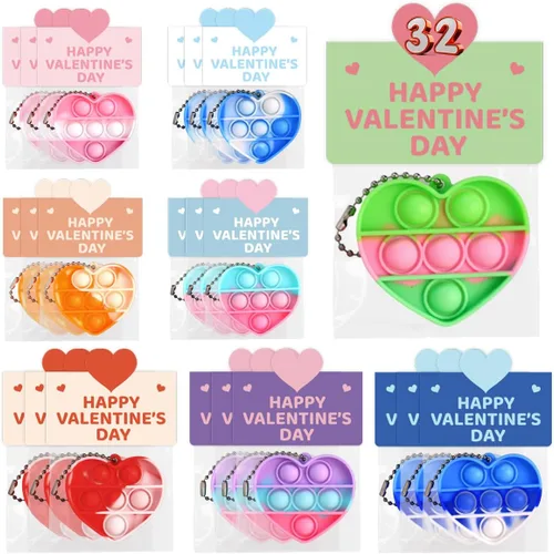 Paquete de 32 juguetes para ansiedad y tarjetas prellenadas para el día de San Valentín para el aula de los niños, mini juguetes en forma de
