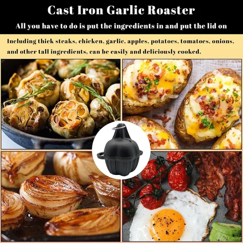 Miniatura 8 de Asador de hierro fundido, caja de ahumador de hierro fundido pre-sazonado para asar a gas, asador de ajo para horno, ideal para ahumar, asar, ajo