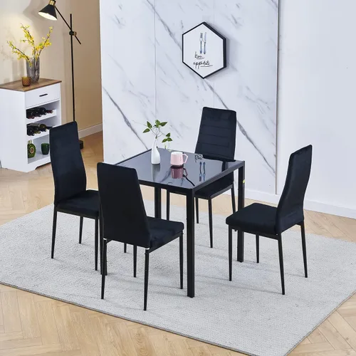 Miniatura 19 de Juego de 4 mesas de comedor y sillas de comedor de cristal negro de 5 piezas, moderna mesa cuadrada de cocina pequeña y 4 sillas de comedor que