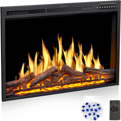 Miniatura 13 de Inserto de chimenea eléctrica de 34 pulgadas, llama intercambiable ajustable y colores de troncos, velocidad y brillo de llama variables, control