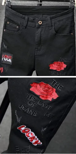 Miniatura 3 de GINZOUS pantalones vaqueros elásticos negros bordados con flores rojas para hombre