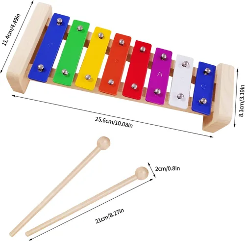 Miniatura 3 de Xilófono para niños, Glockenspiel con 2 mazos seguros para niños, 8 notas diatónicas, barras de metal coloridas con desarrollo educativo musical