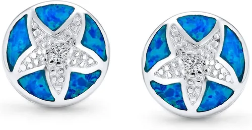 Miniatura 2 de Large Nautical Hawaiian Tropical Beach Vacation Round Circle Disc Star Fish Blue Inlay Created Opal Starfish Stud Earrings For Women Teens .925