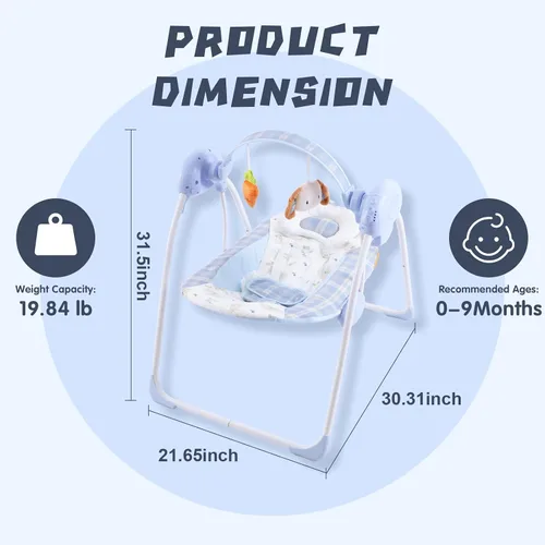 Miniatura 5 de Columpio de bebé portátil para bebés, compacto y plegable con columpio de 5 velocidades, música, temporizador, asiento acolchado, funciona