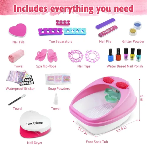 Miniatura 4 de Kit de día de spa para niños para niñas, juego de spa de pies y uñas, bañera de masaje y secadora de uñas, juguetes para niños, manicura y pedicura