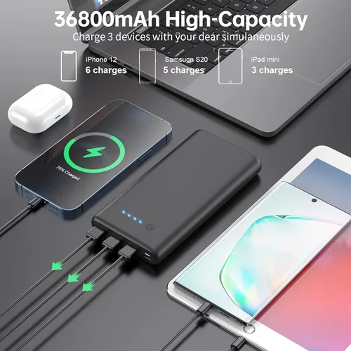 Miniatura 3 de Cargador portátil de 36800 mAh, cargador de batería externa PD de carga rápida USB C, 4 salidas, 2 entradas, esenciales de viaje, cargador