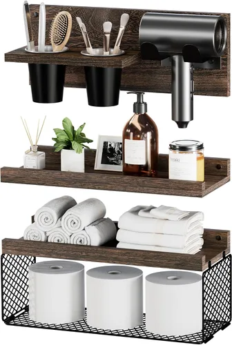 Miniatura 8 de Puricon Estantes flotantes de baño con soporte para secador de pelo, juego de organizadores de madera rústica de 3 niveles montados en la pared