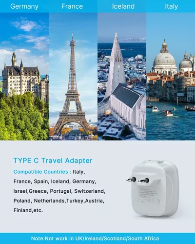 Miniatura 2 de VINTAR - Adaptador de enchufe de viaje europeo de 3 unidades, adaptador de enchufe de alimentación internacional con 2 puertos USB, 2 salidas