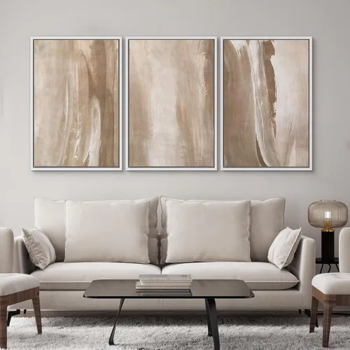 Miniatura 398 de SIGNWIN Lienzo enmarcado para pared, arte con pinceladas de flujo neutro en tonos beige abstractos, ilustraciones, arte moderno, decorativo