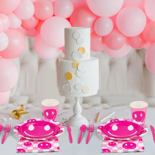 Miniatura 7 de Durony 350 Piezas Decoraciones de Cumpleaños Preppy Suministros de Fiesta Disco Cowgirl para 50 Invitados Platos de Papel Sonrisa Cara Rosa, Copa