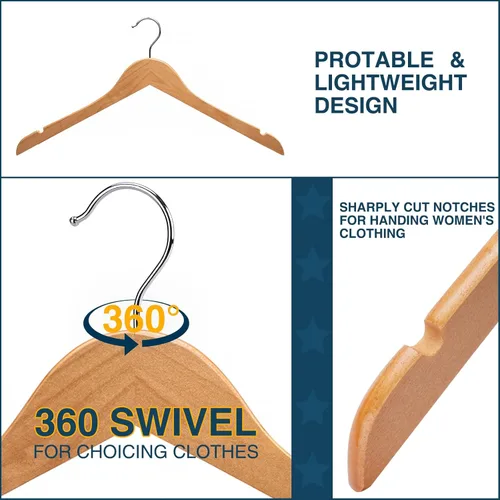Miniatura 2 de Paquete de 20 perchas de madera resistentes para camisas, vestidos, abrigos y más (natural)