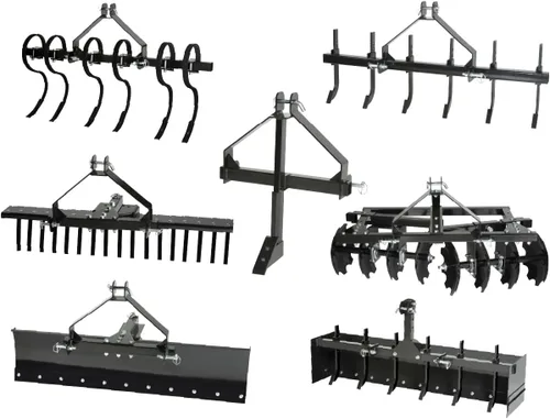 IMPACT IMPLEMENTS® Paquete de 7 Piezas CAT-0 para Tractores de Césped/Jardín. Incluye raspador de caja, rastrillo, arado, cuchilla, cultivador,