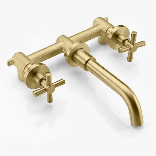 Miniatura 5 de Grifo de baño de latón cepillado para montaje en pared, dos asas cruzadas y válvula empotrada incluida, SUMERAIN Oro cepillado