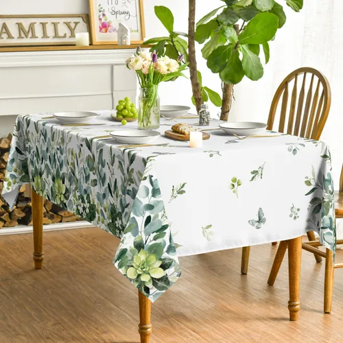 Miniatura 3 de Horaldaily Mantel rectangular de primavera y verano de 52 x 70 pulgadas, mantel floral de eucalipto para decoración de fiestas, pícnic, cenas