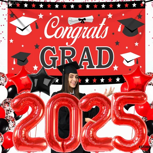 Miniatura 8 de KatchOn, Juego de 40 decoraciones de graduación rojas y negras 2025, globos rojos 2025, pancarta de felicitaciones para graduación de clase de 2025