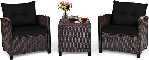 Tangkula Juego de muebles de patio de 3 piezas, mimbre de ratán de polietileno, juego de sofá de 3 piezas para exteriores con cojín lavable y mesa