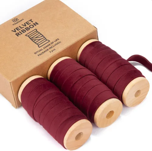 Miniatura 7 de Vitalizart Juego de cintas de terciopelo color camello de 3/8 pulgadas x 15 yardas, carrete de madera, ribete de tela, 3 rollos x 5 yardas