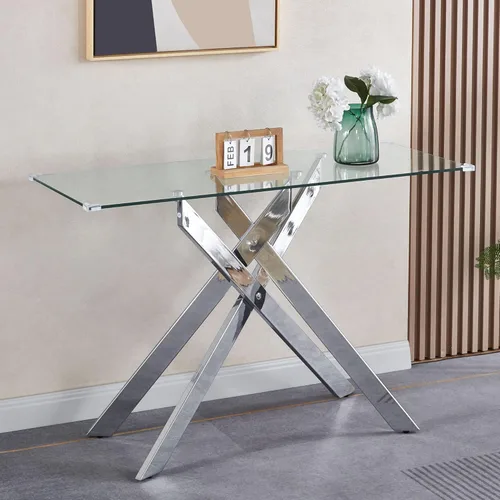 Miniatura 13 de Mesa auxiliar de cristal de 47 pulgadas, mesa central rectangular moderna con parte superior de vidrio templado transparente y patas de metal mesa