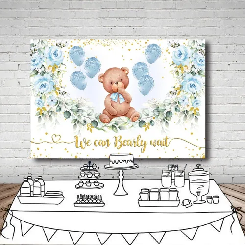Miniatura 4 de MEHOFOND Telón de fondo de fiesta de baby shower de oso de 10 x 7 pies, fondo azul floral para fotografía, puntos dorados con purpurina dorada, Rosa