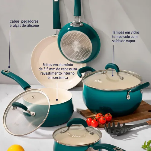 Miniatura 5 de Oster Corbett - Juego de 8 utensilios de cocina de aluminio forjado verde azulado degradado con cerámica antiadherente – Base de inducción – Mango