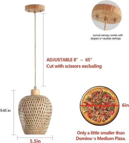 Miniatura 4 de Lámpara colgante de bambú de una sola luz, cesta bohemia ajustable hecha a mano, tejida a mano, mini iluminación colgante para cocina, isla