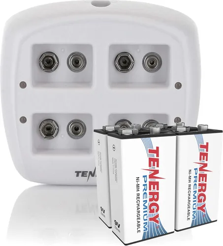 Tenergy TN136 Cargador inteligente de 4 bahías 9V con 4 piezas Tenergy Premium 9V NiMH baterías recargables